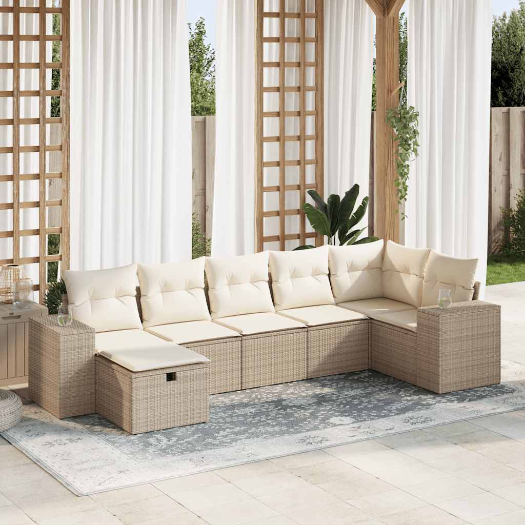 Set Divani da Giardino 7 pz con Cuscini Beige in Polyrattan