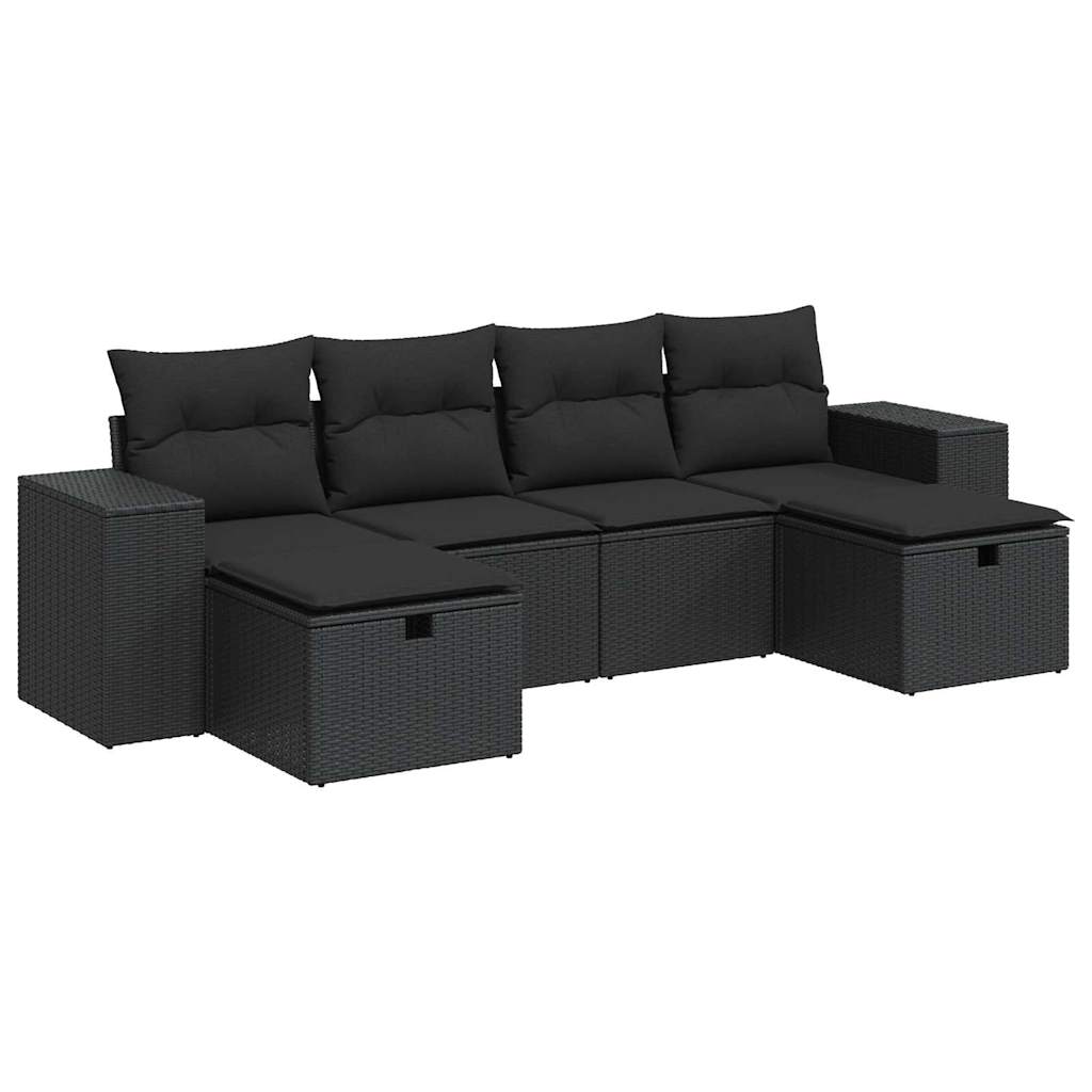 Set Divano da Giardino 6 pz con Cuscini Nero in Polyrattan