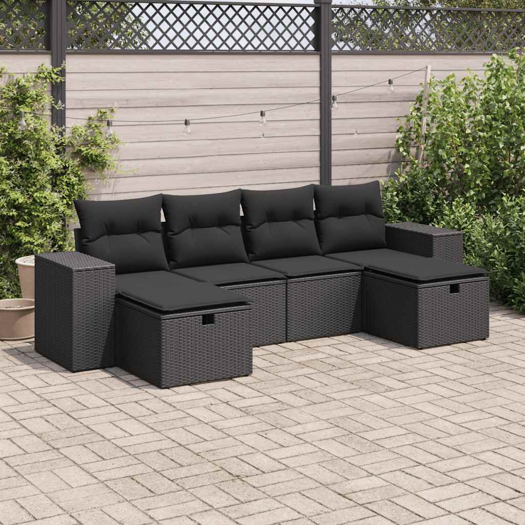 Set Divano da Giardino 6 pz con Cuscini Nero in Polyrattan