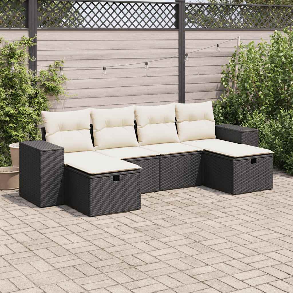 Set Divano da Giardino 6 pz con Cuscini Nero in Polyrattan