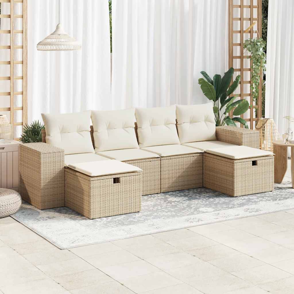 Set Divano da Giardino 6 pz con Cuscini Beige in Polyrattan