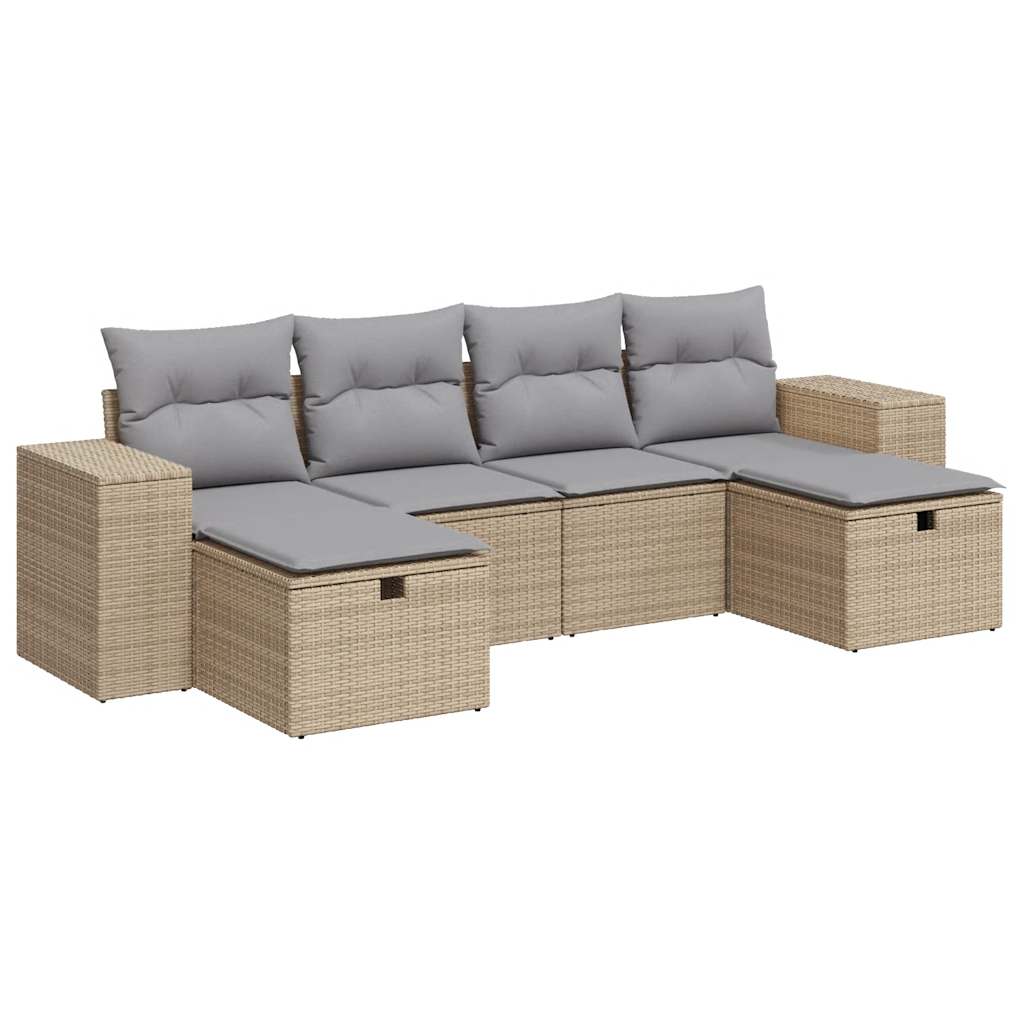 Set Divano da Giardino 6 pz con Cuscini Beige in Polyrattan