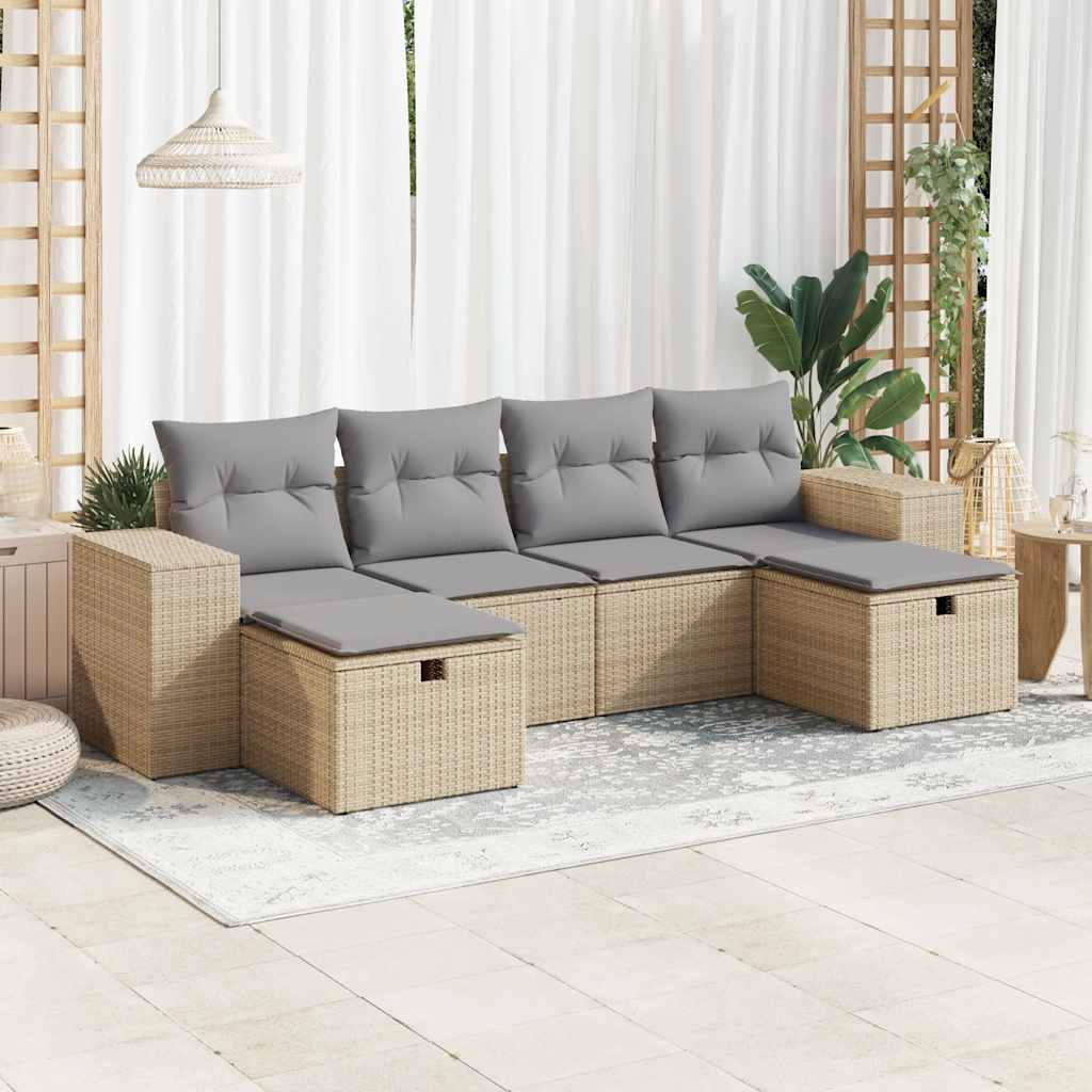 Set Divano da Giardino 6 pz con Cuscini Beige in Polyrattan