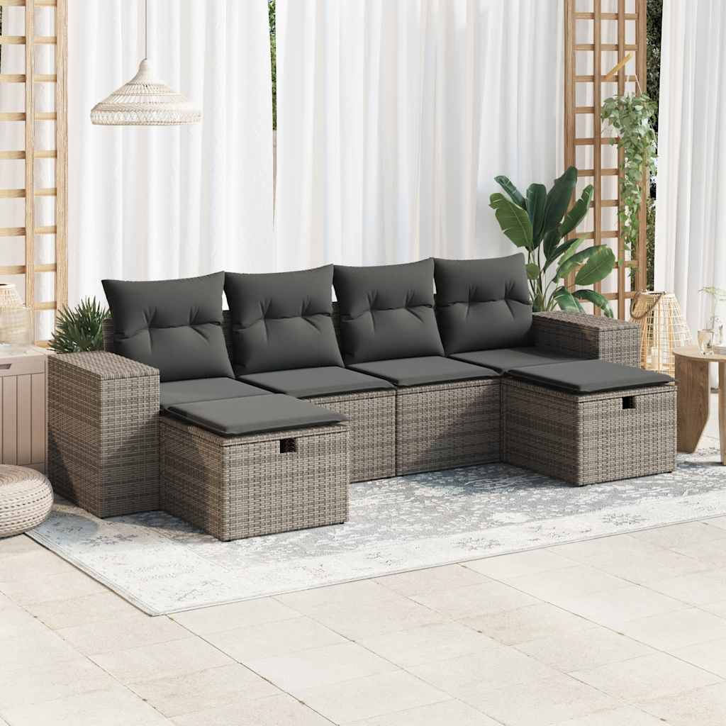 Set Divano da Giardino 6 pz con Cuscini Grigio in Polyrattan