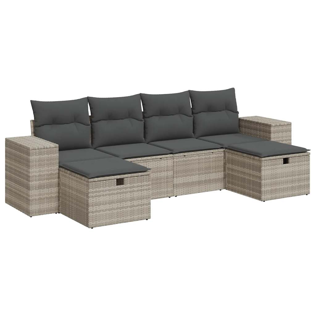 Set Divano da Giardino 6pz con Cuscini Grigio Chiaro Polyrattan