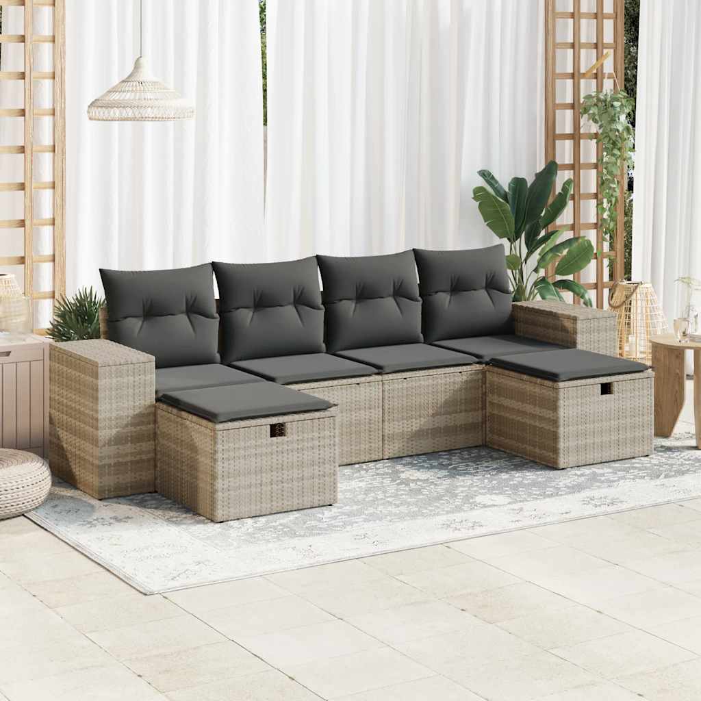 Set Divano da Giardino 6pz con Cuscini Grigio Chiaro Polyrattan