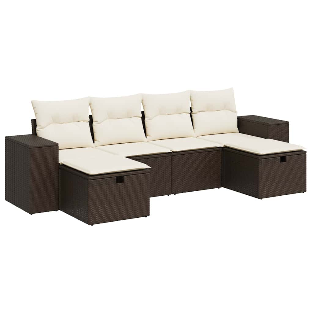 Set Divano da Giardino 6 pz con Cuscini Marrone in Polyrattan