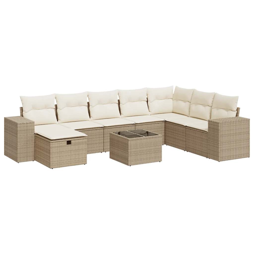 Set Divano da Giardino 9 pz con Cuscini Beige in Polyrattan