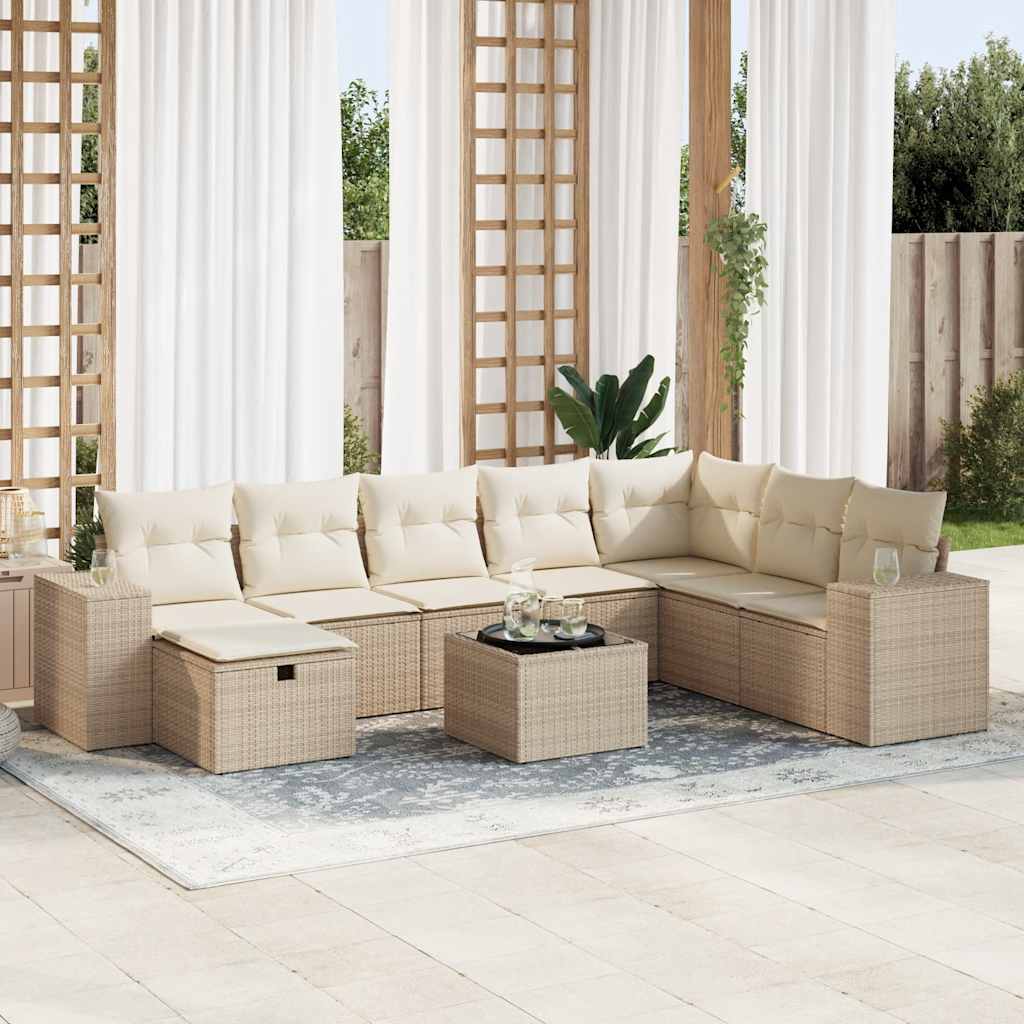 Set Divano da Giardino 9 pz con Cuscini Beige in Polyrattan