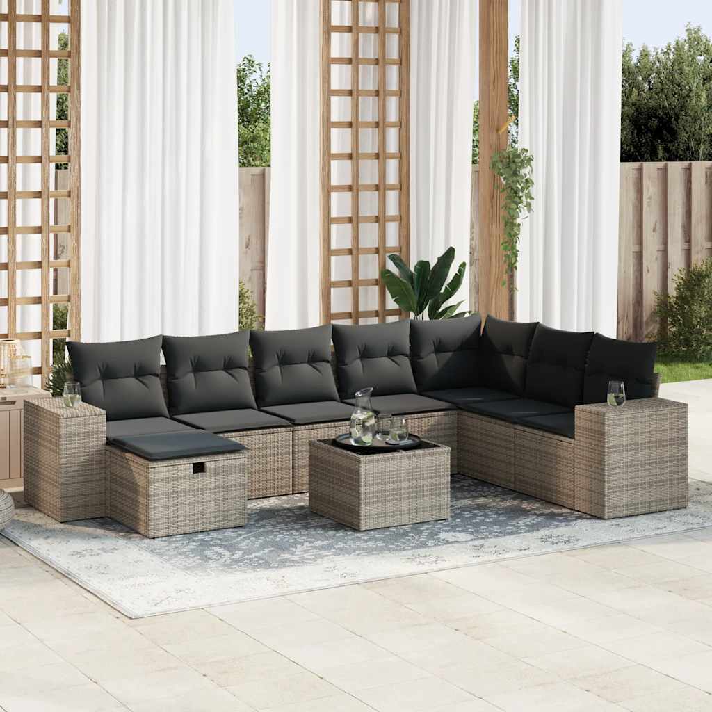 Set Divano da Giardino 9 pz con Cuscini Grigio in Polyrattan