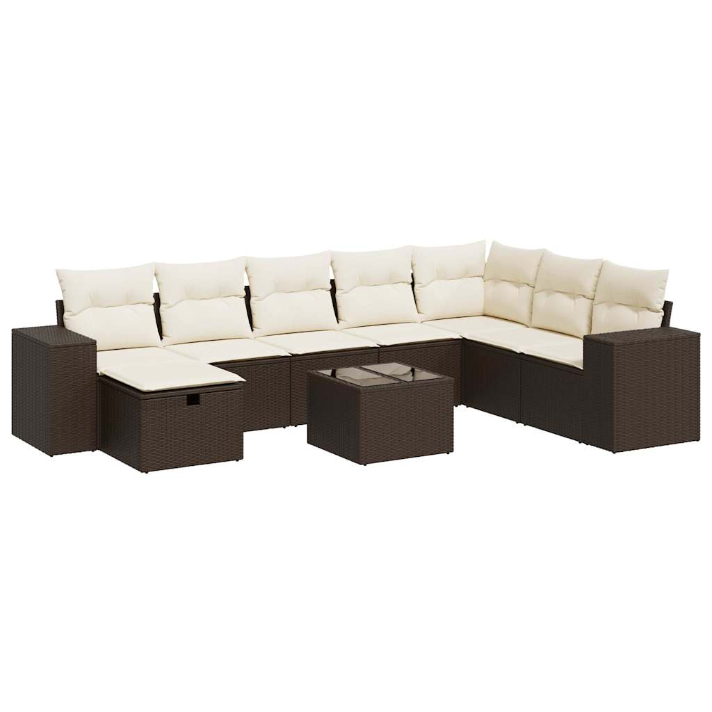 Set Divani da Giardino 9pz con Cuscini Marrone in Polyrattan