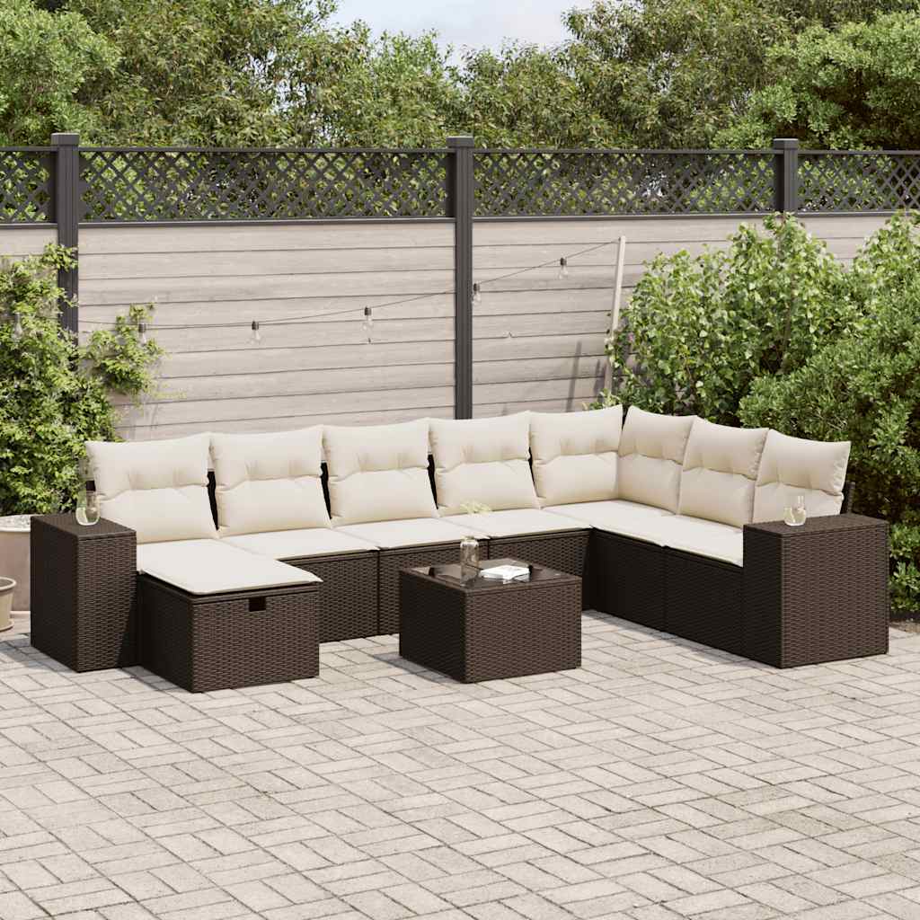 Set Divani da Giardino 9pz con Cuscini Marrone in Polyrattan