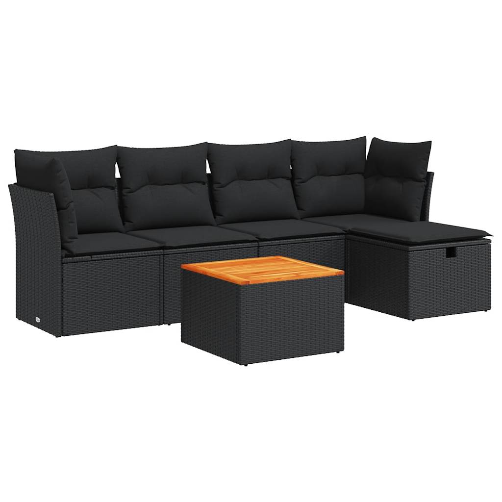 Set Divano da Giardino 6 pz con Cuscini Nero in Polyrattan