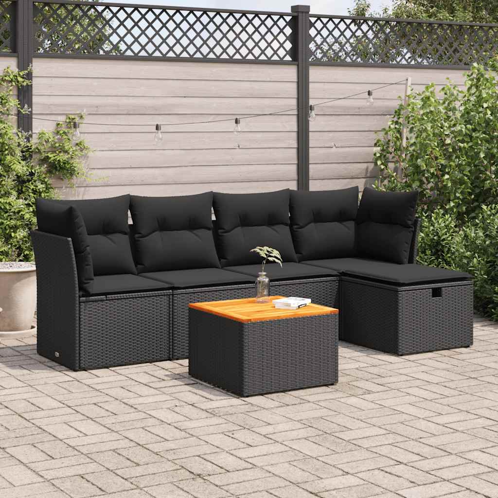 Set Divano da Giardino 6 pz con Cuscini Nero in Polyrattan