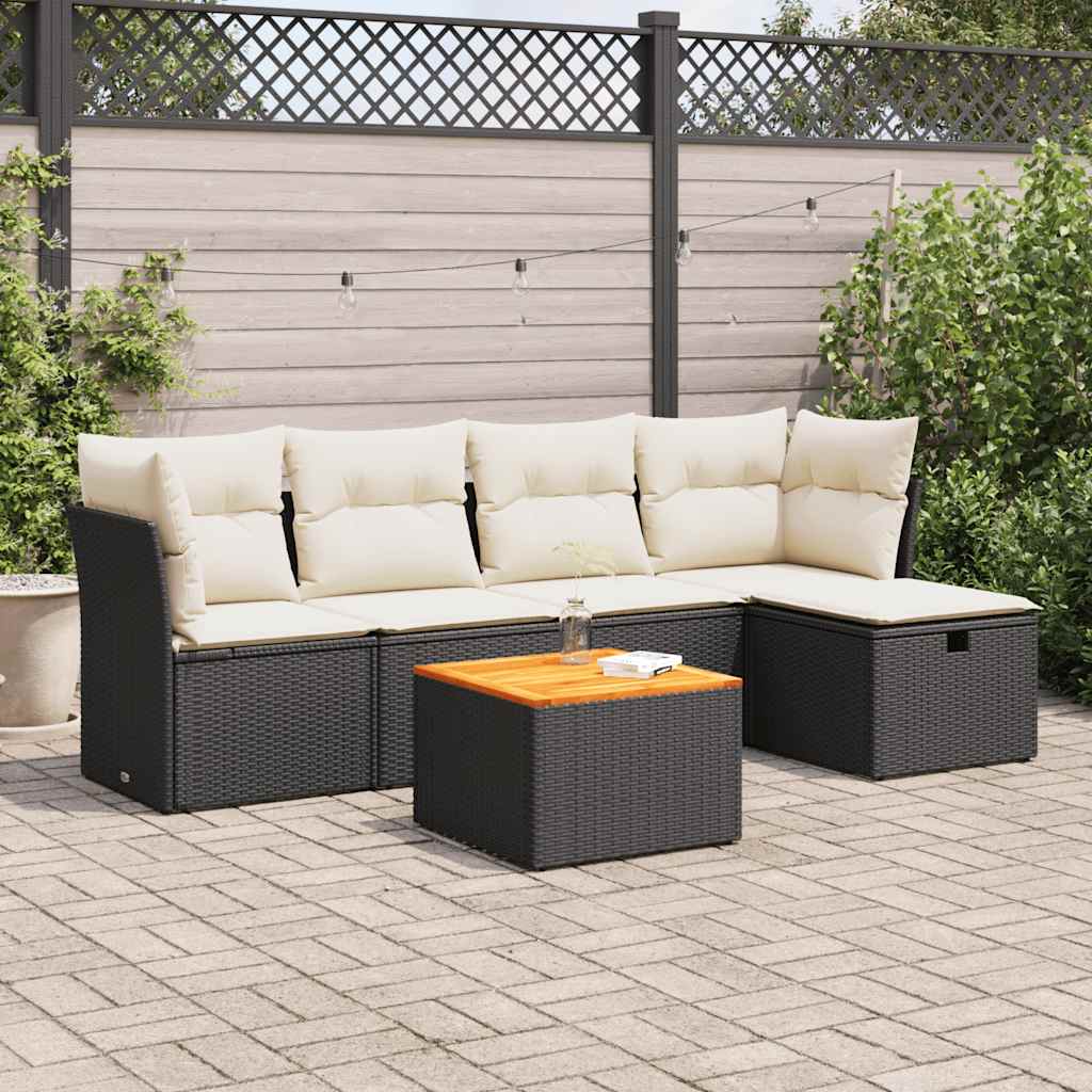 Set Divano da Giardino 6 pz con Cuscini Nero in Polyrattan