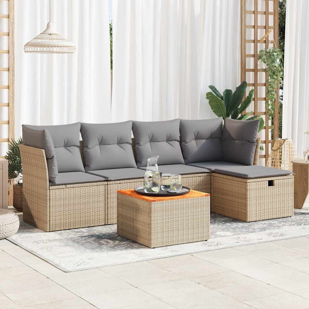 Set Divano da Giardino 6 pz con Cuscini Beige in Polyrattan