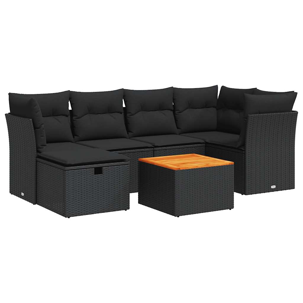 Set Divani da Giardino con Cuscini 7pz Nero Polyrattan