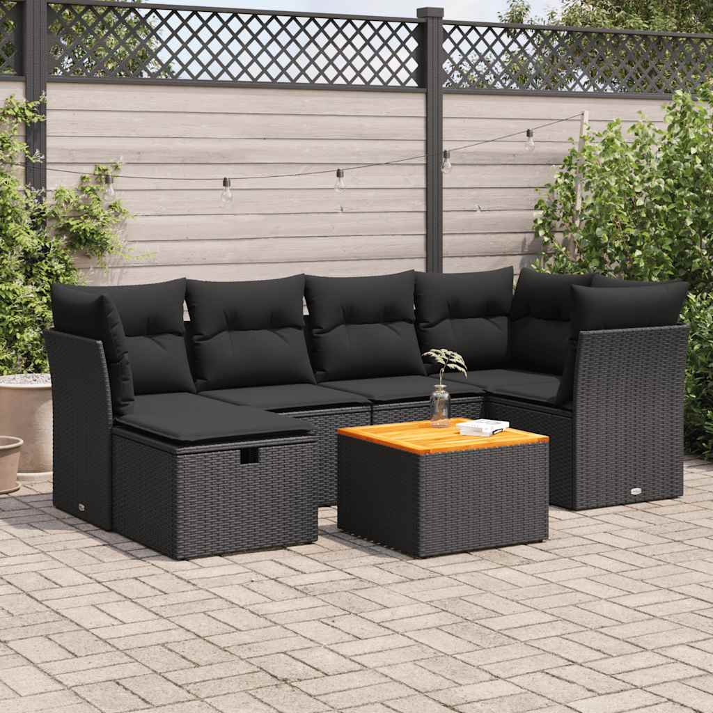 Set Divani da Giardino con Cuscini 7pz Nero Polyrattan