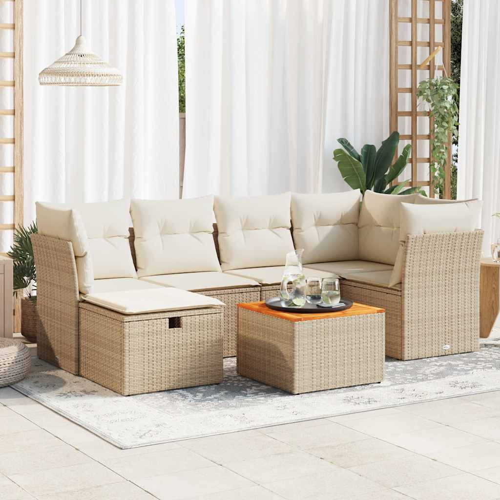 Set Divani da Giardino 7 pz con Cuscini Beige in Polyrattan