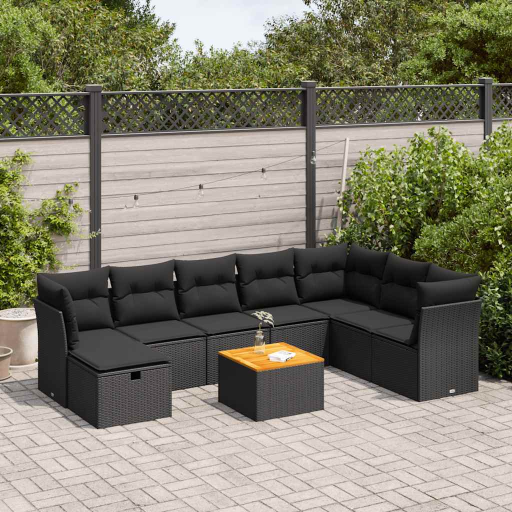 Set Divani da Giardino 9 pz con Cuscini Nero in Polyrattan