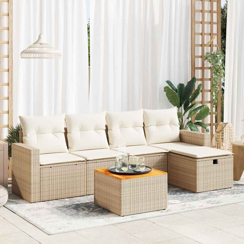 Set Divano da Giardino 6 pz con Cuscini Beige in Polyrattan