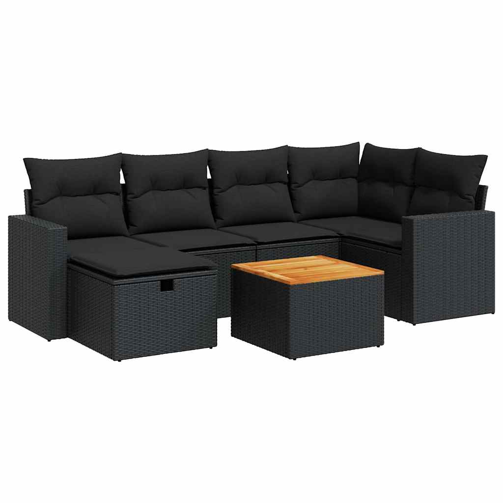 Set Divani da Giardino con Cuscini 7pz Nero Polyrattan