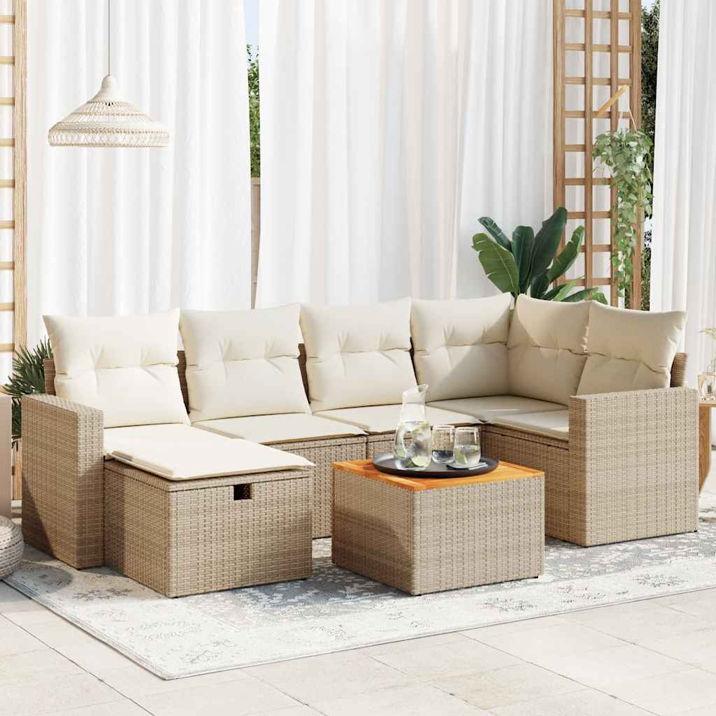 Set Divani da Giardino 7 pz con Cuscini Beige in Polyrattan