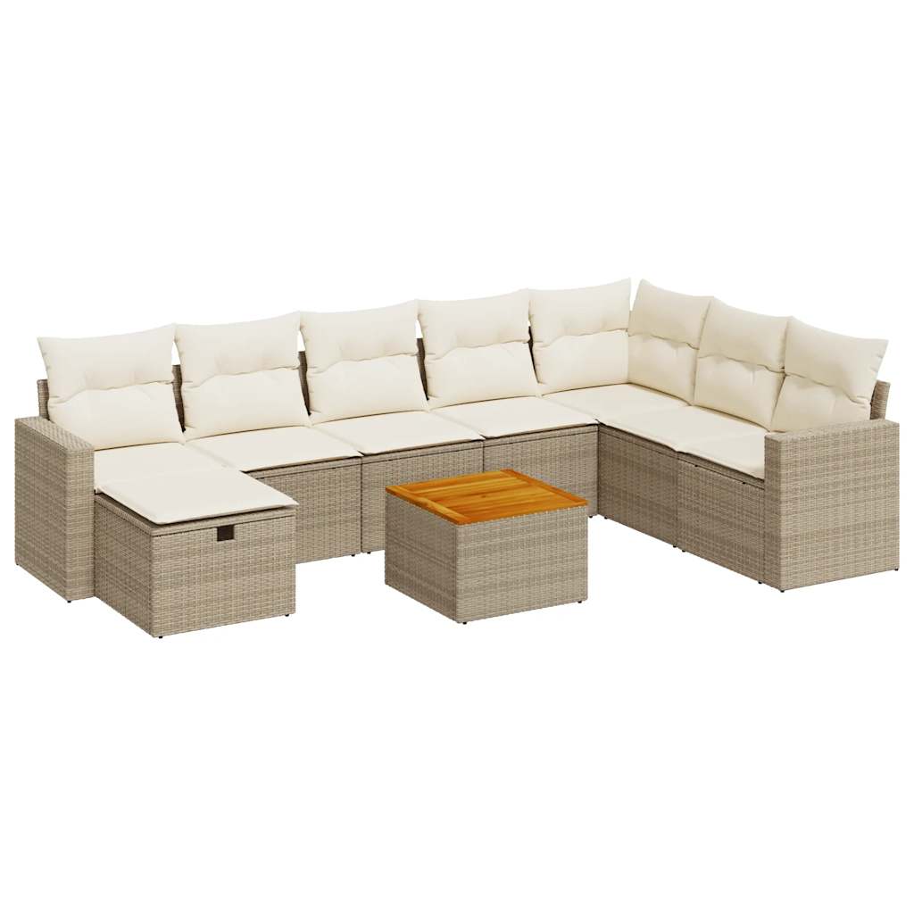 Set Divano da Giardino 9 pz con Cuscini Beige in Polyrattan