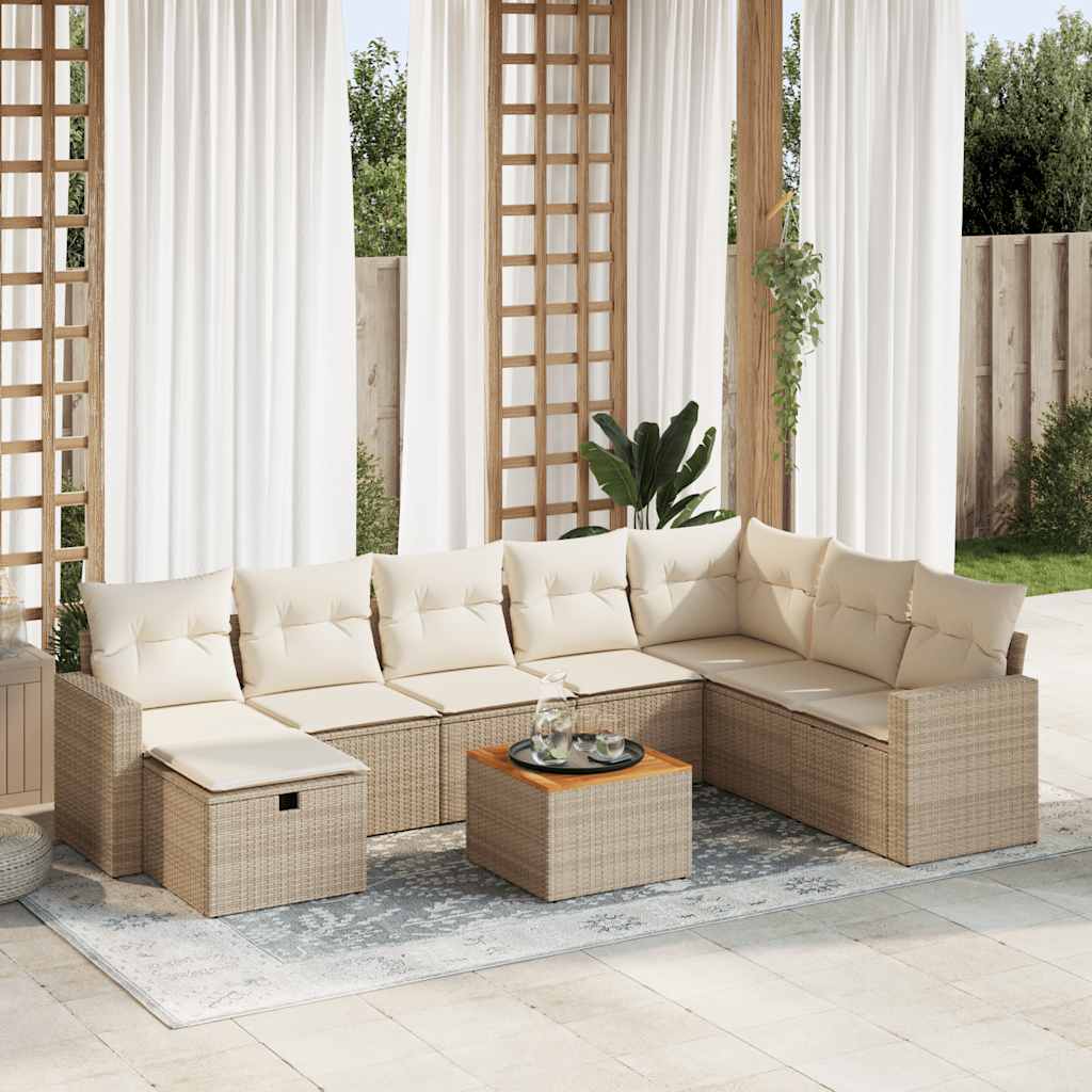 Set Divano da Giardino 9 pz con Cuscini Beige in Polyrattan