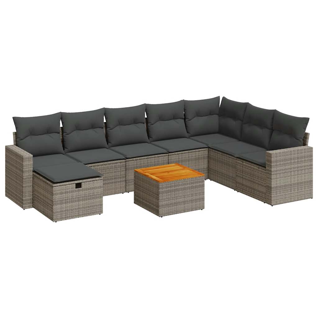 Set Divano da Giardino 9 pz con Cuscini Grigio in Polyrattan