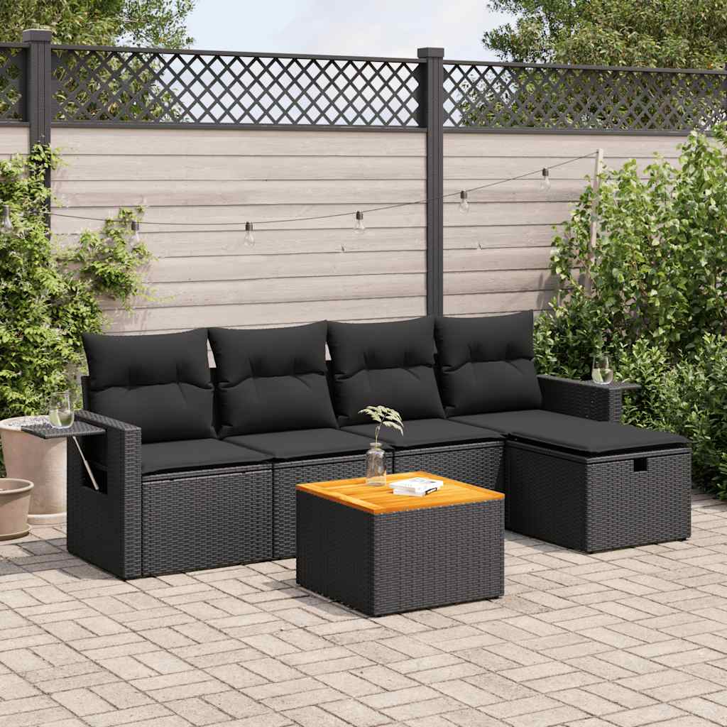 Set Divano da Giardino 6 pz con Cuscini Nero in Polyrattan