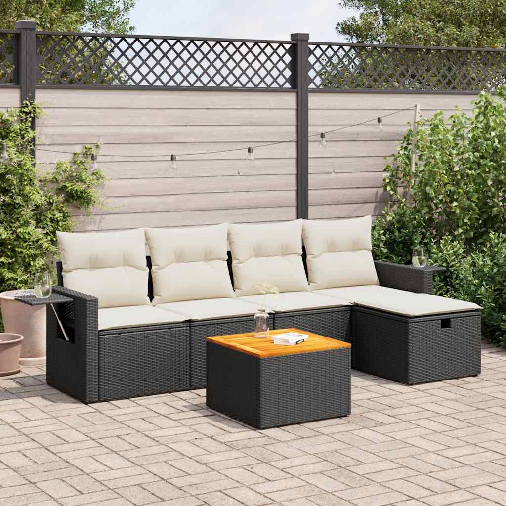 Set Divano da Giardino 6 pz con Cuscini Nero in Polyrattan