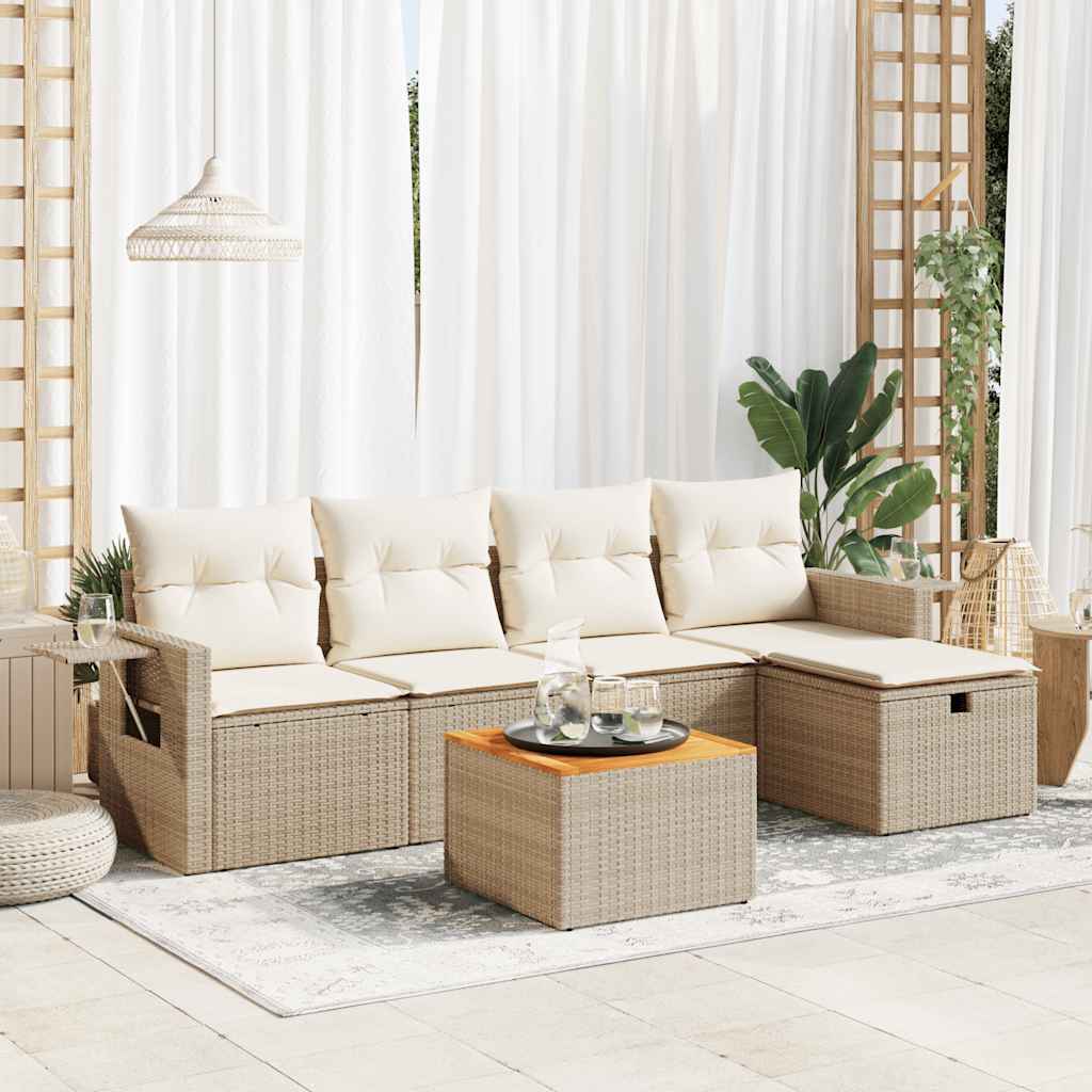 Set Divano da Giardino 6 pz con Cuscini Beige in Polyrattan