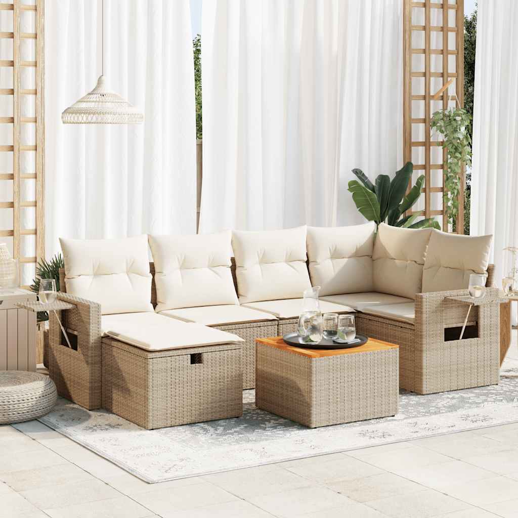 Set Divani da Giardino 7 pz con Cuscini Beige in Polyrattan