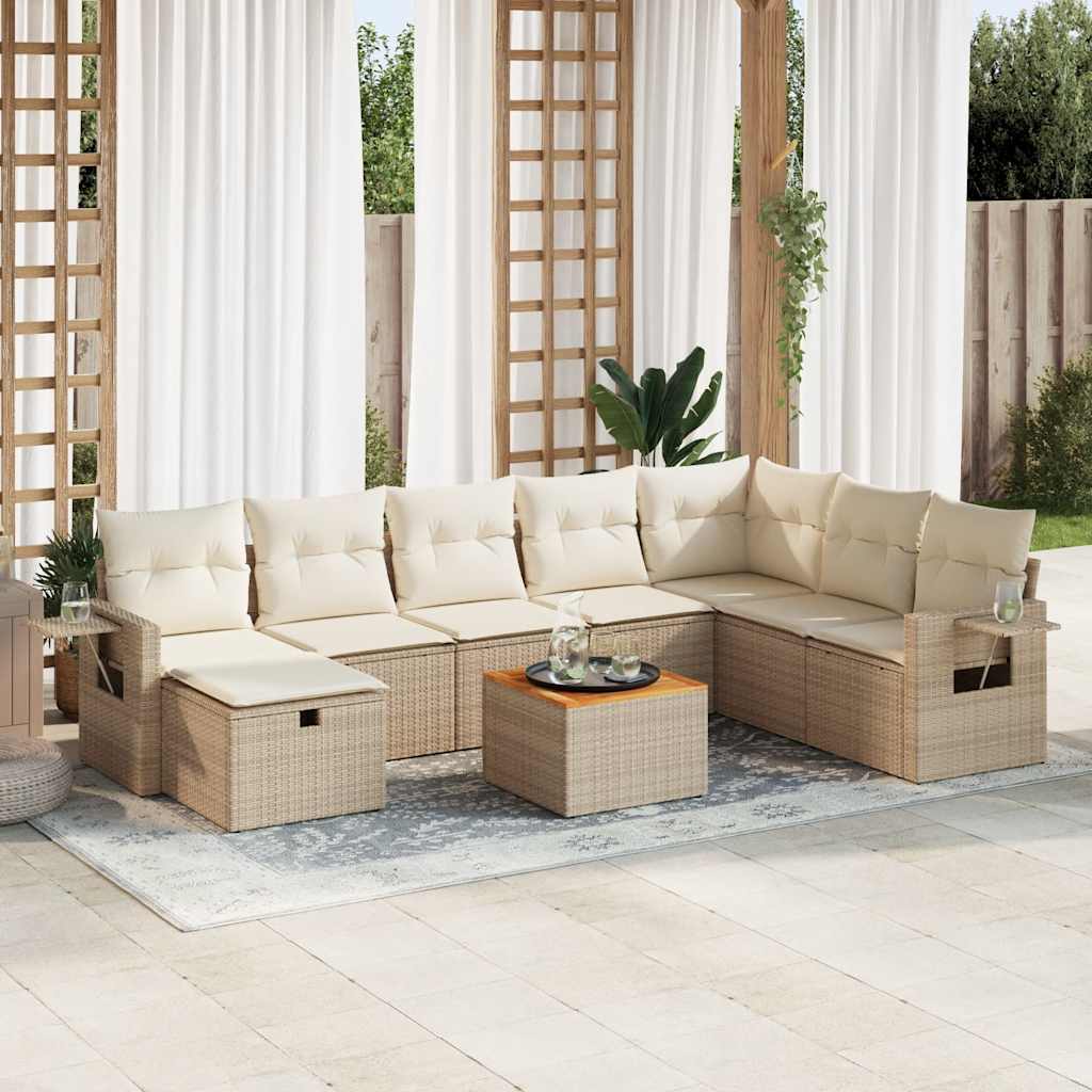 Set Divano da Giardino 9 pz con Cuscini Beige in Polyrattan