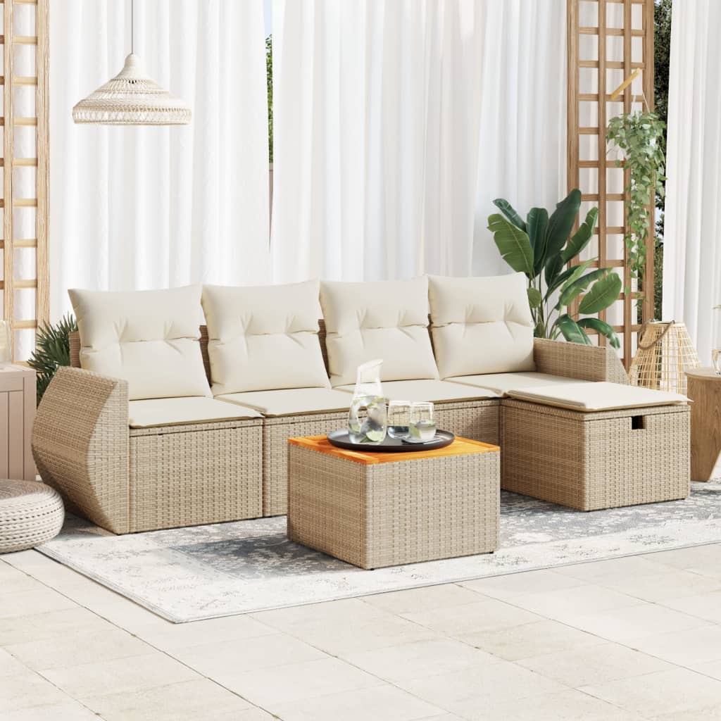 Set Divano da Giardino 6 pz con Cuscini Beige in Polyrattan