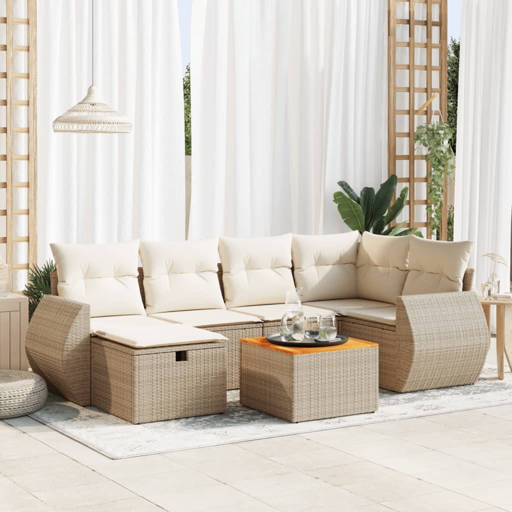 Set Divani da Giardino 7 pz con Cuscini Beige in Polyrattan