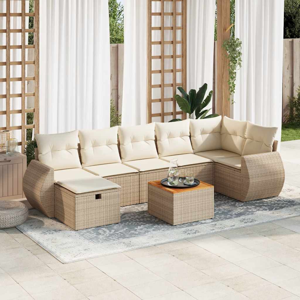 Set Divano da Giardino 8 pz con Cuscini Beige in Polyrattan