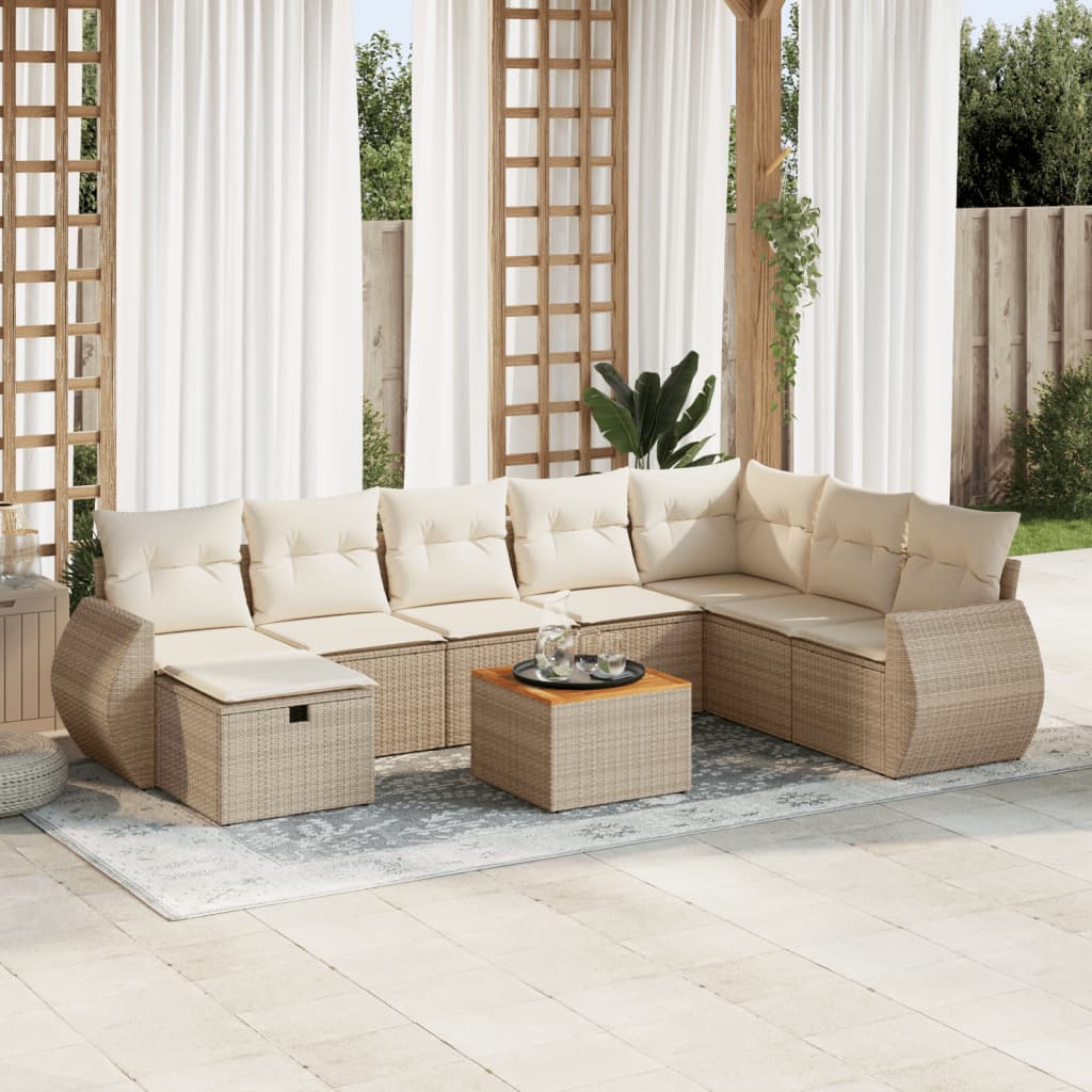 Set Divano da Giardino 9 pz con Cuscini Beige in Polyrattan