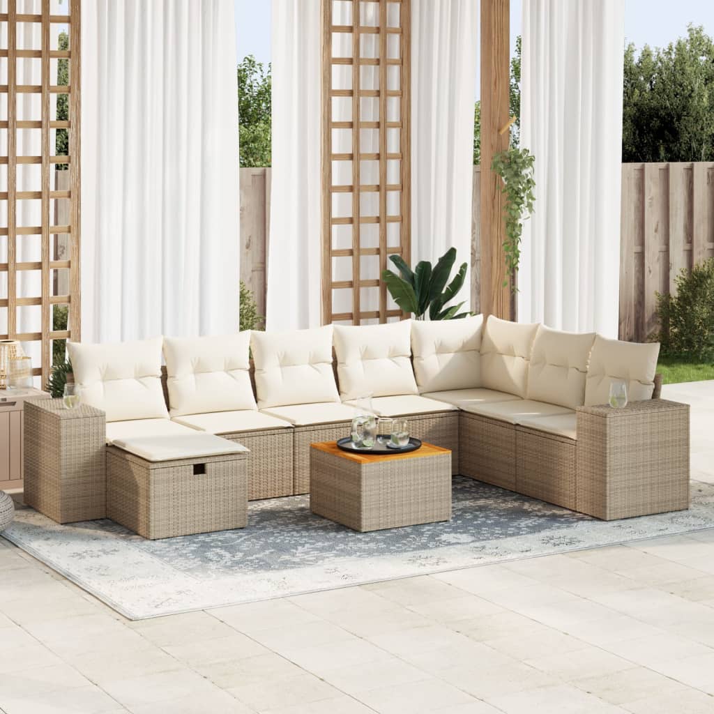 Set Divano da Giardino 9 pz con Cuscini Beige in Polyrattan