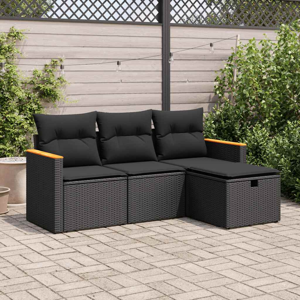 Set Divani da Giardino 4 pz con Cuscini Nero in Polyrattan