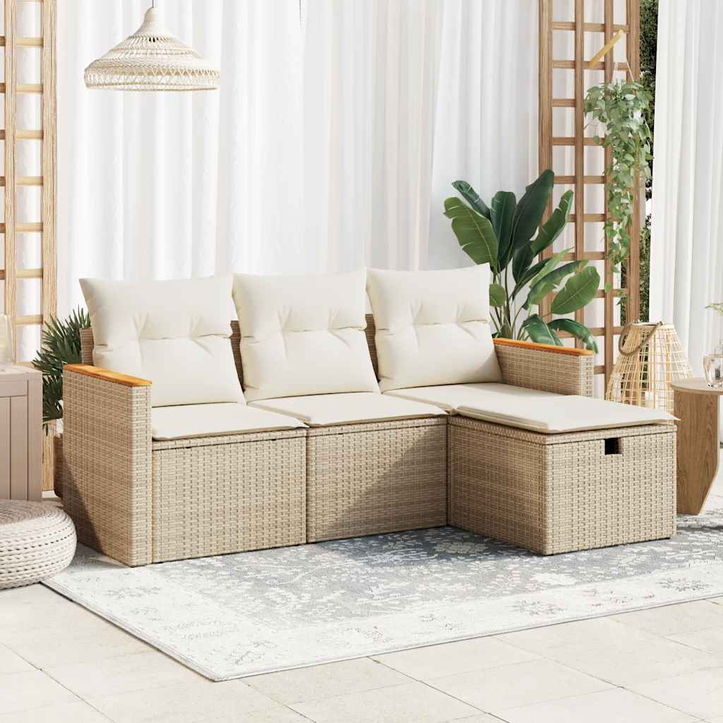 Set Divano da Giardino 4 pz con Cuscini Beige in Polyrattan