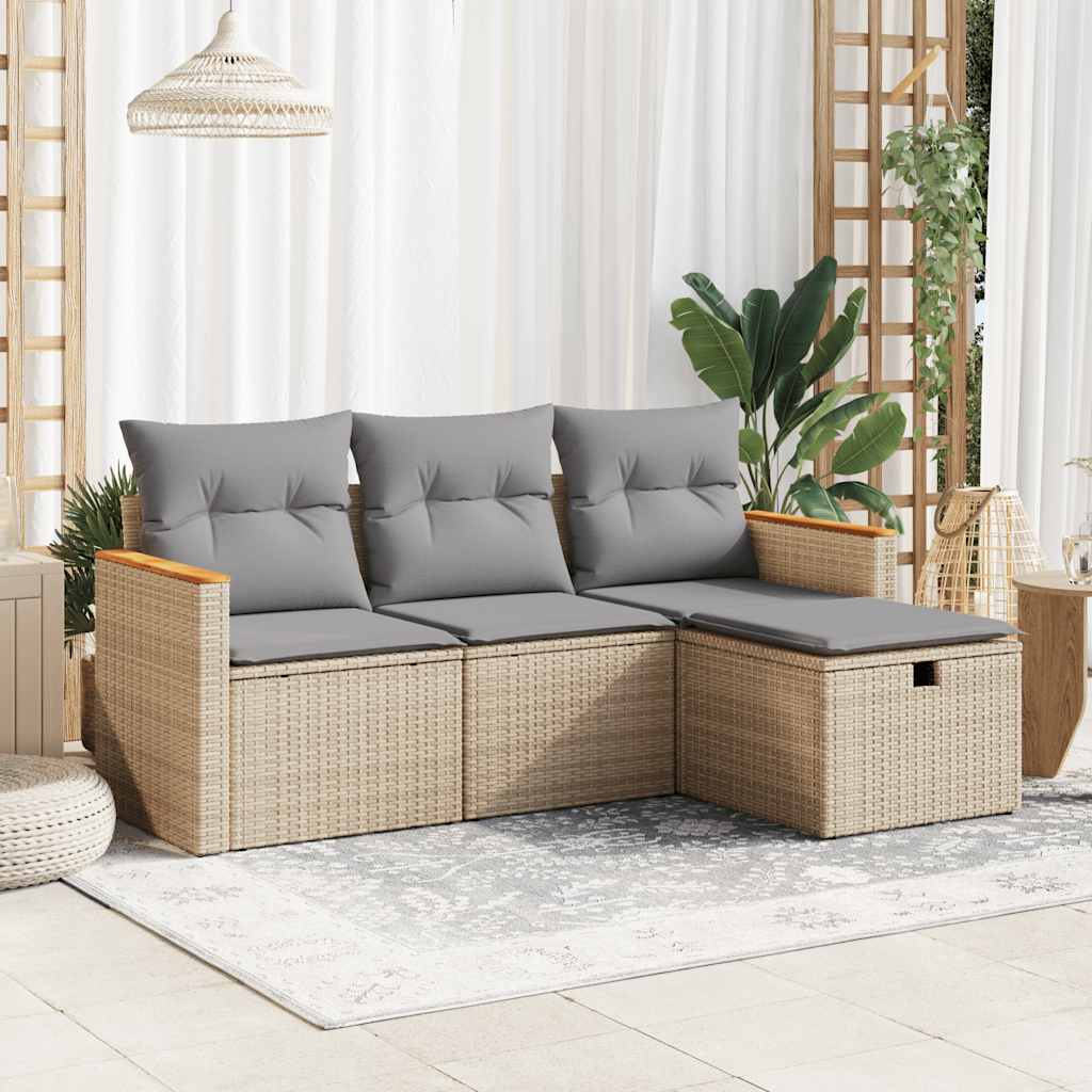 Set Divano da Giardino 4 pz con Cuscini Beige in Polyrattan