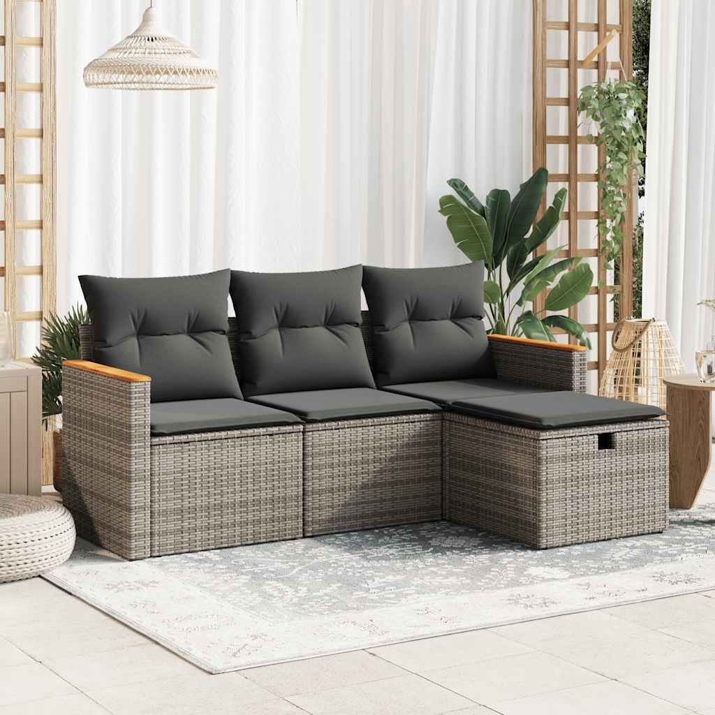 Set Divani da Giardino 4 pz con Cuscini in Polyrattan Grigio