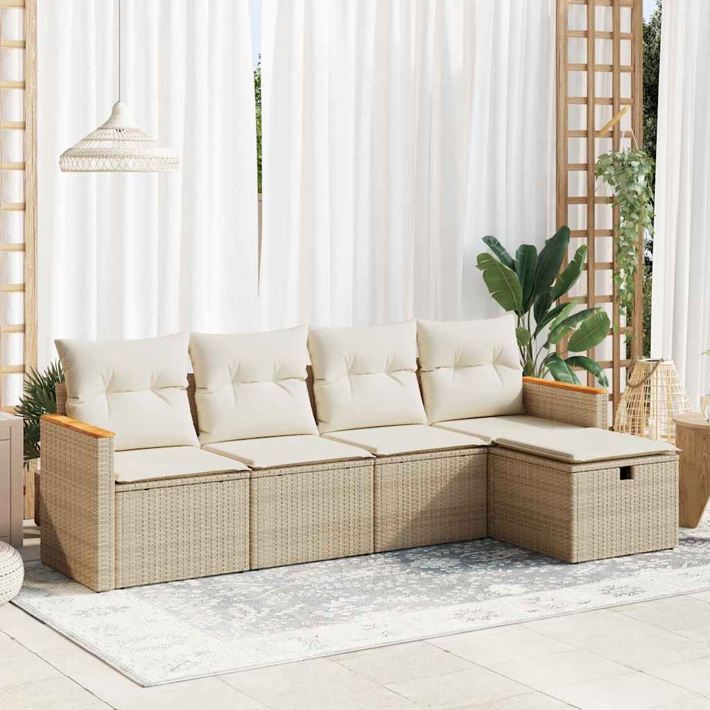 Set Divano da Giardino 5 pz con Cuscini Beige in Polyrattan