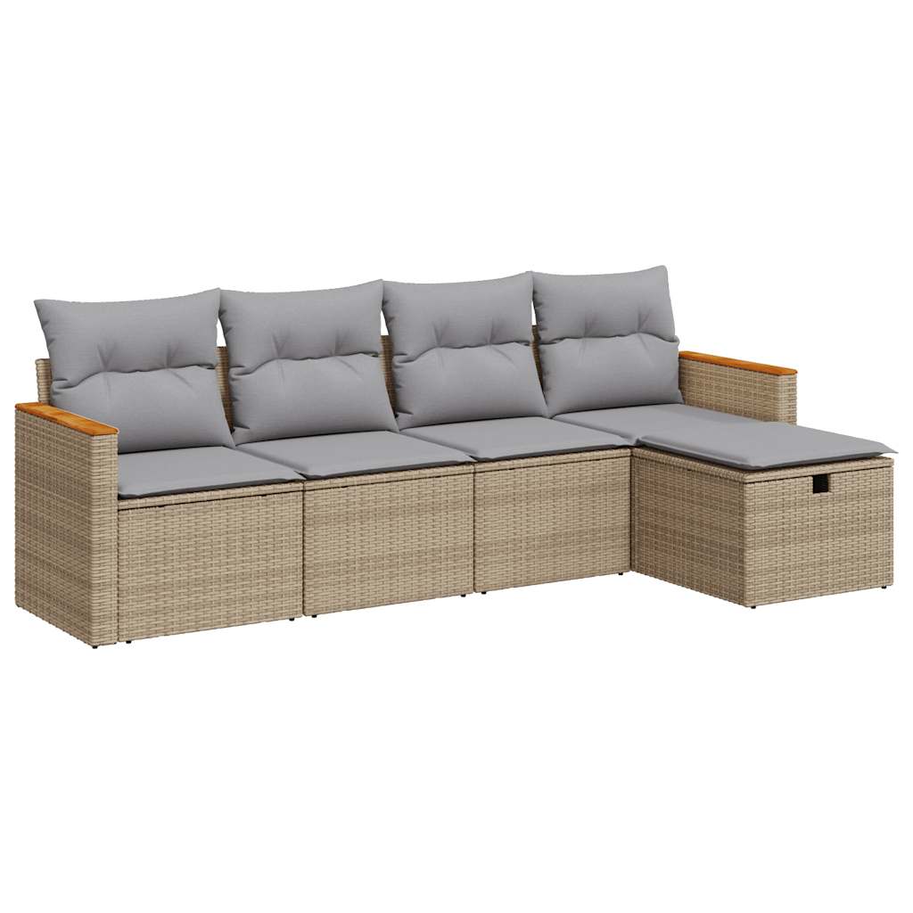 Set Divano da Giardino 5 pz con Cuscini Beige in Polyrattan