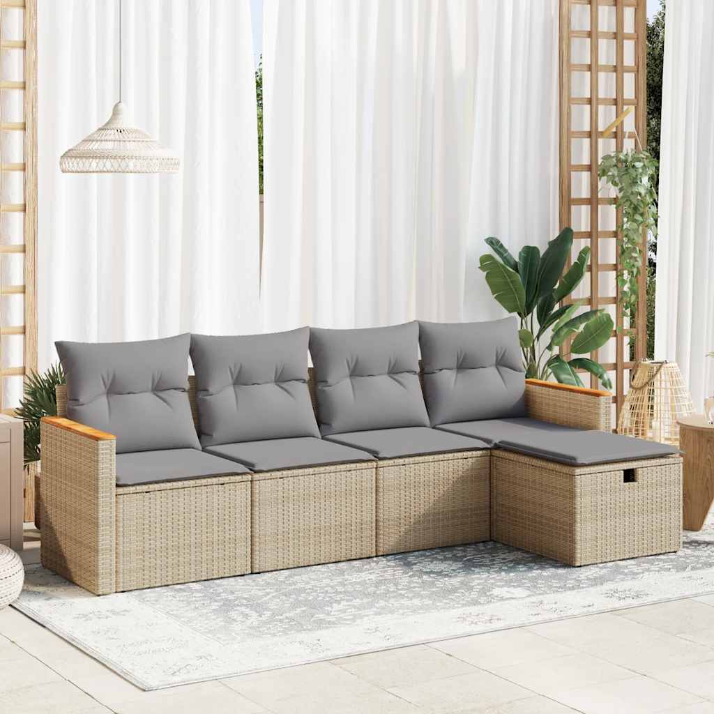 Set Divano da Giardino 5 pz con Cuscini Beige in Polyrattan