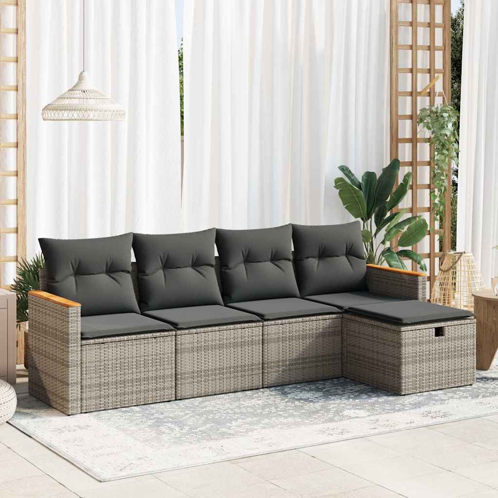 Set Divano da Giardino 5 pz con Cuscini Grigio in Polyrattan