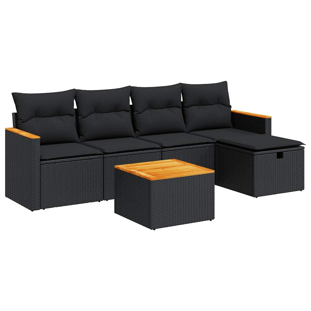 Set Divano da Giardino 6 pz con Cuscini Nero in Polyrattan