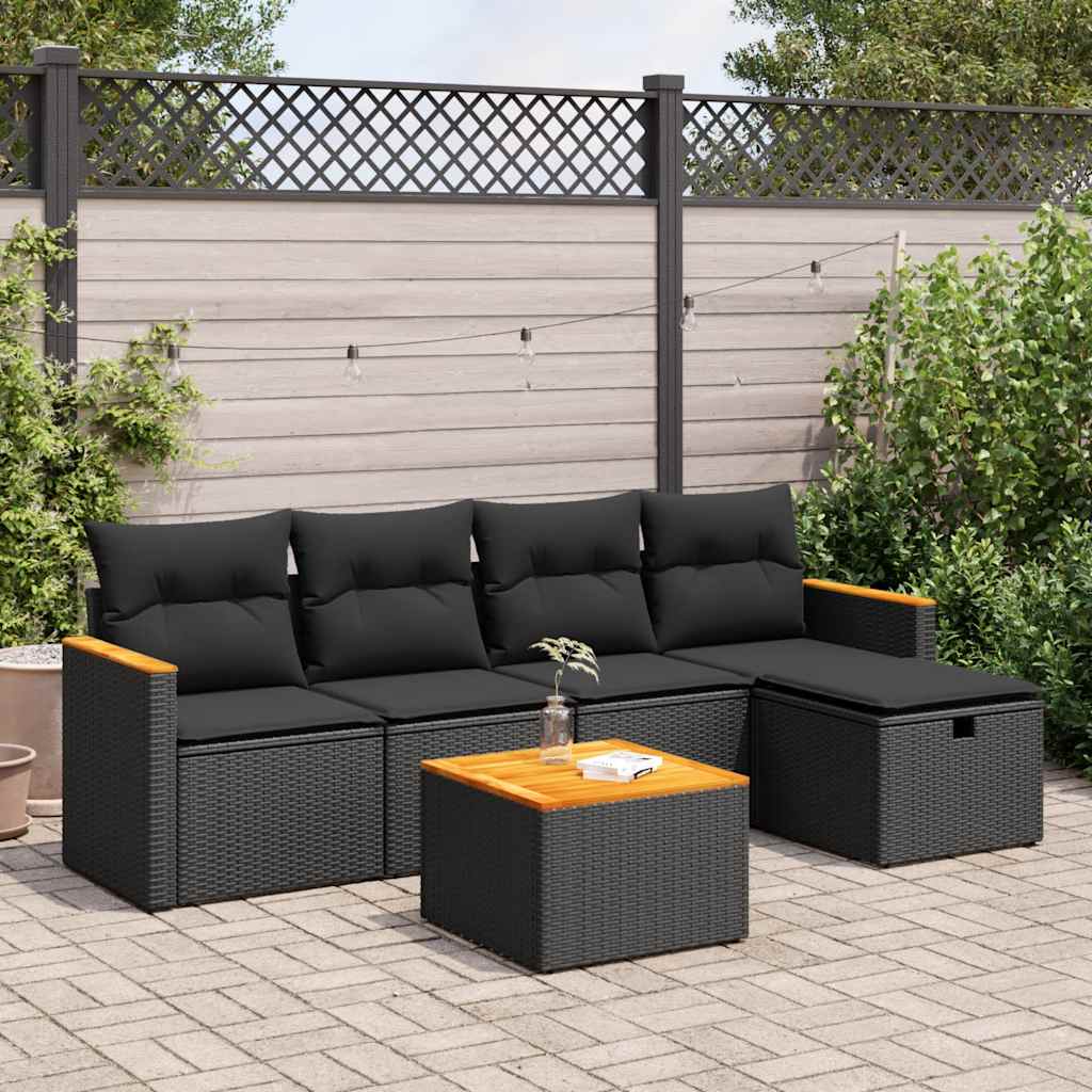 Set Divano da Giardino 6 pz con Cuscini Nero in Polyrattan